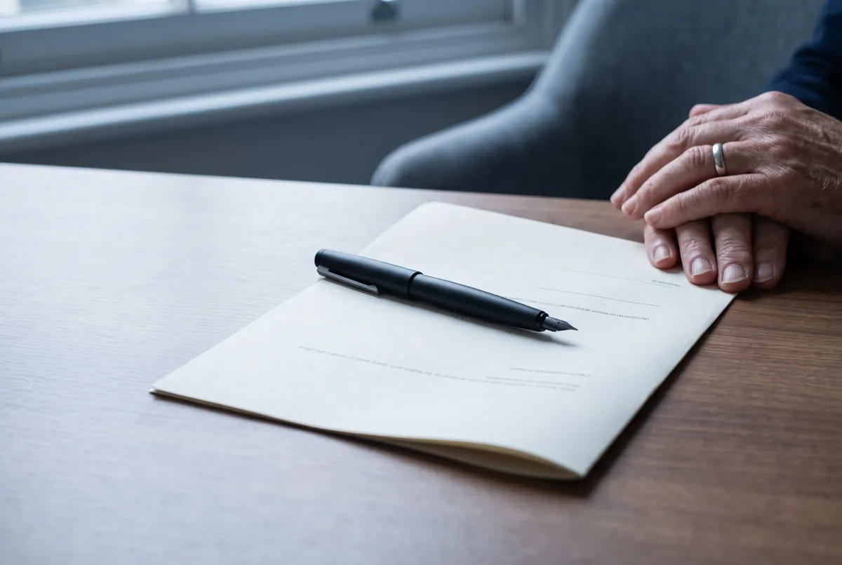 A fountain pen resting on a folded document on a walnut desk