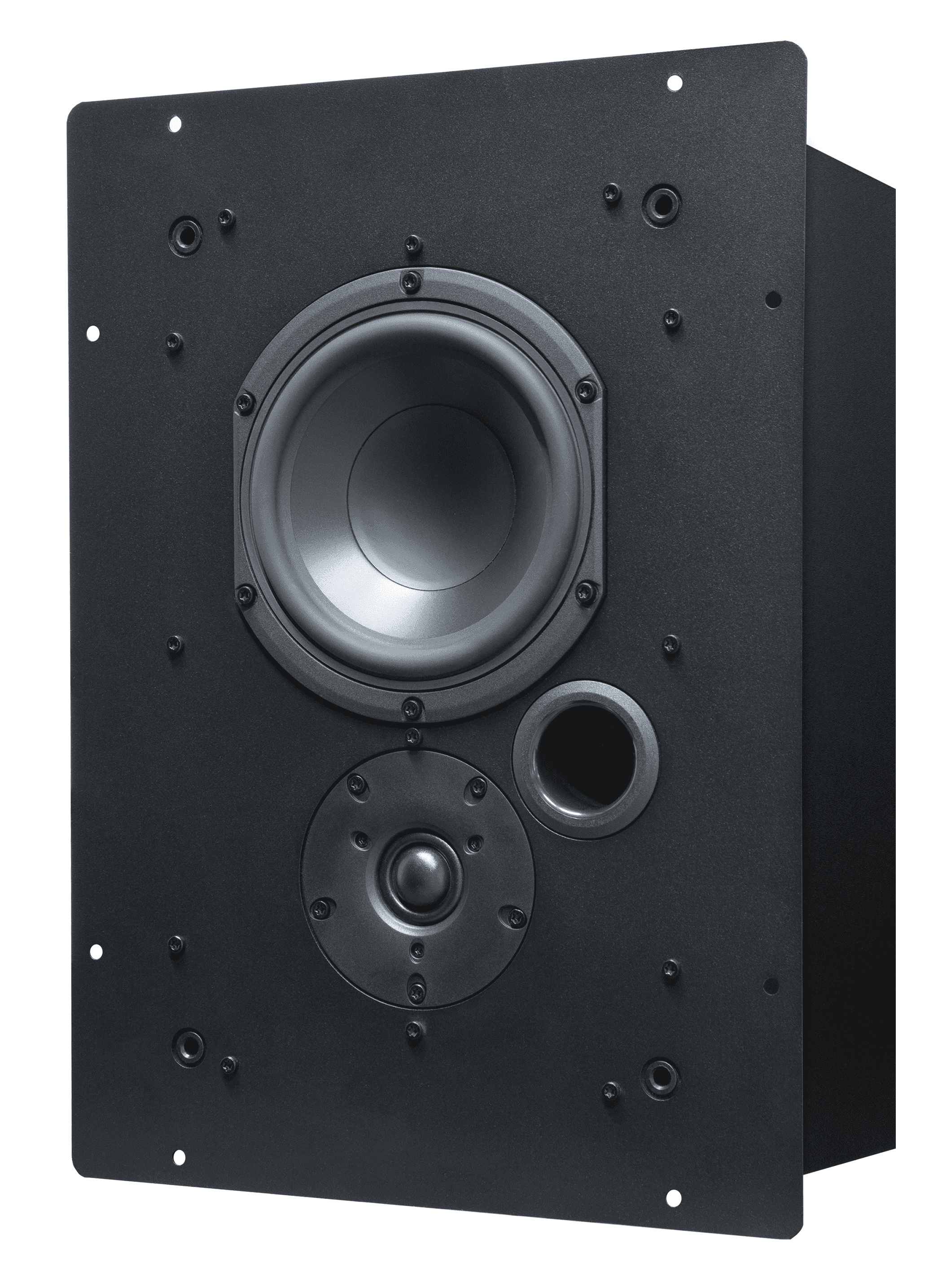 Black speaker with woofer, tweeter, and port