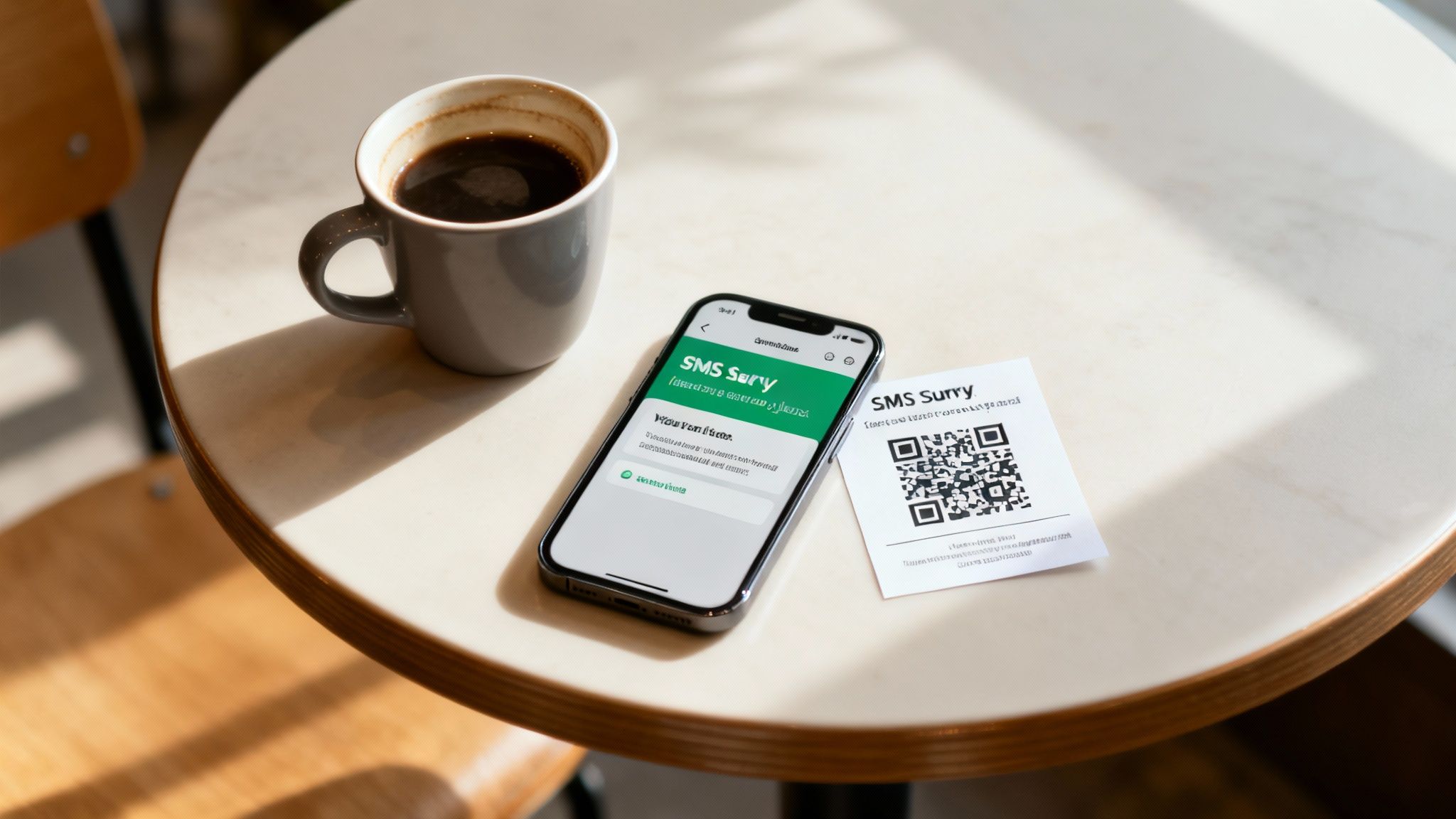 Smartphone displaying SMS Survey app with QR code card and coffee on white table