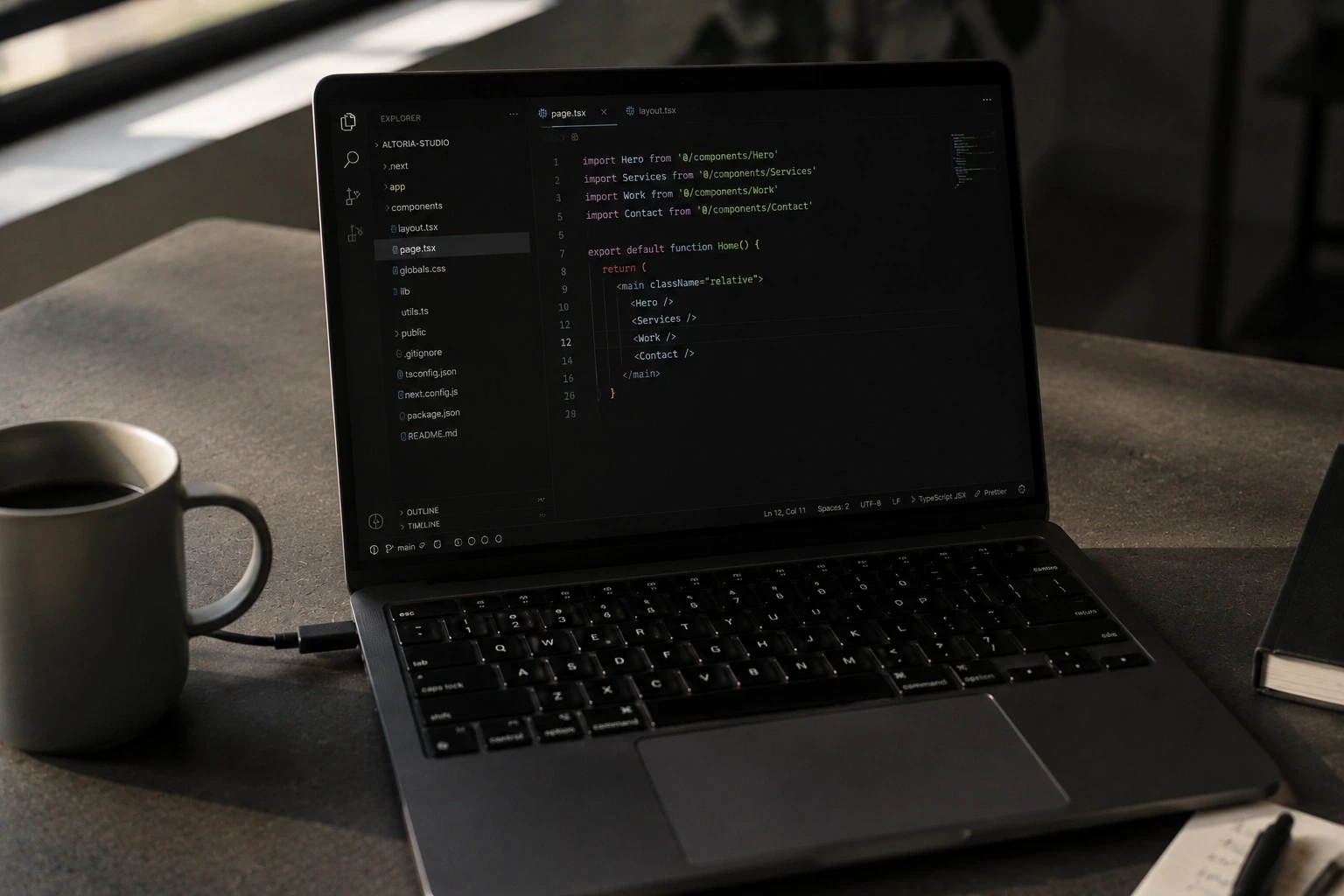 Modern website development and coding interface