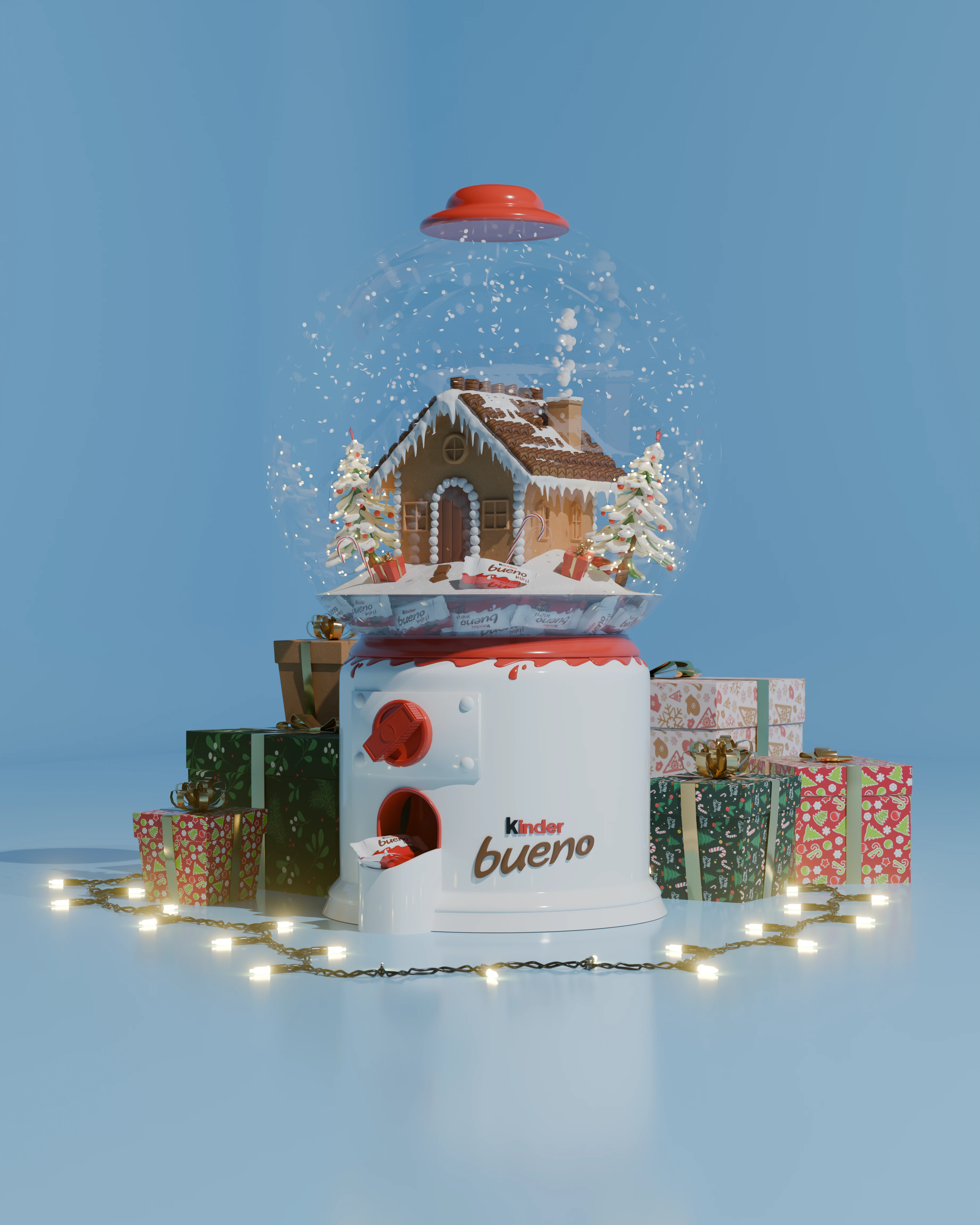 Rendu 3D d'une boule de neige distributeur de kinder bueno sur fond de couleur
