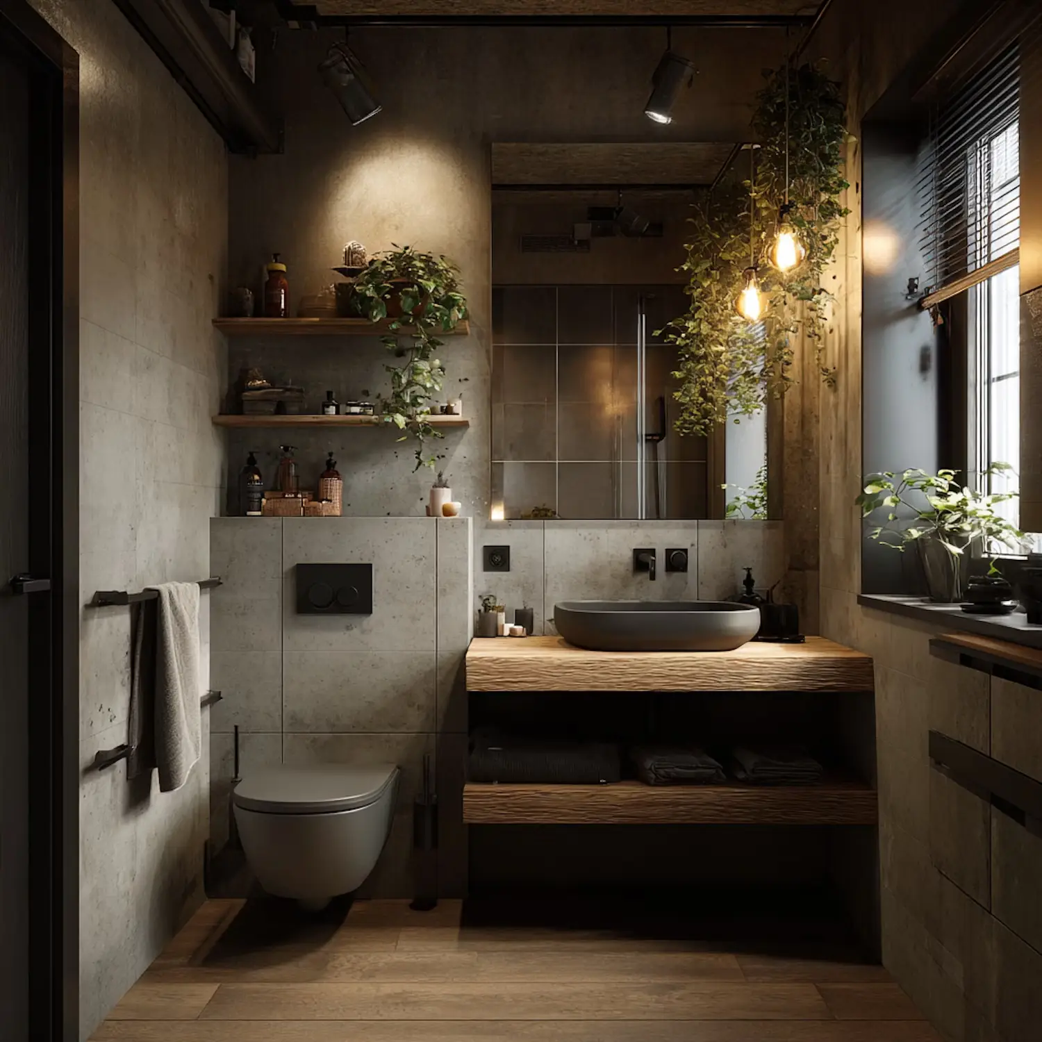Industrial bathroom with concrete walls and wooden vanity with plants.