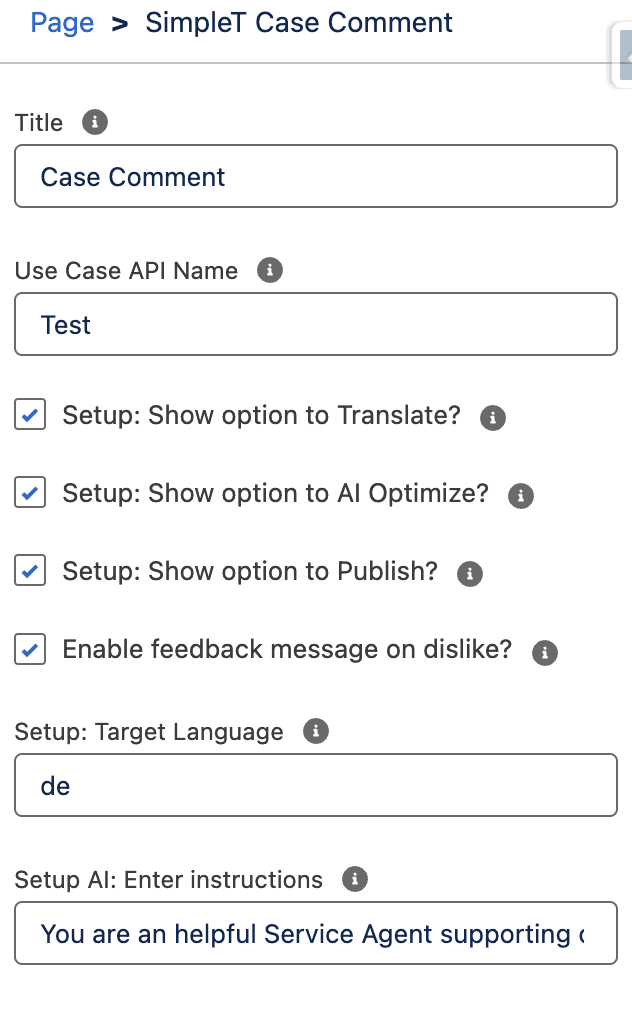 Smart Case Comment Component Properties and Interface