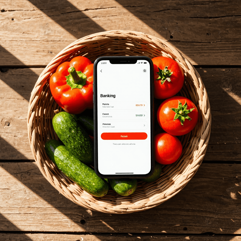 product photography of a smartphone displaying a banking app interface