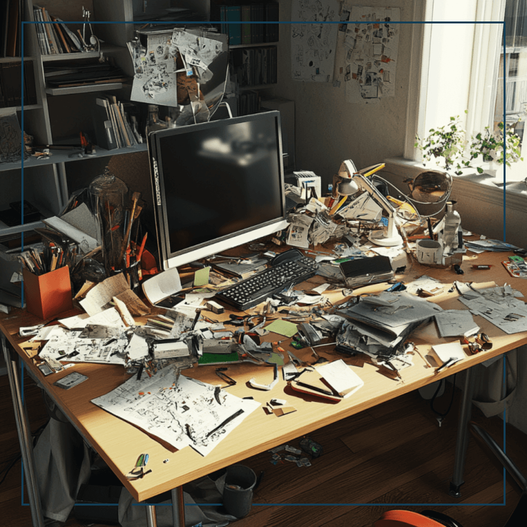 Unordentlicher Schreibtisch mit altem Bildschirm