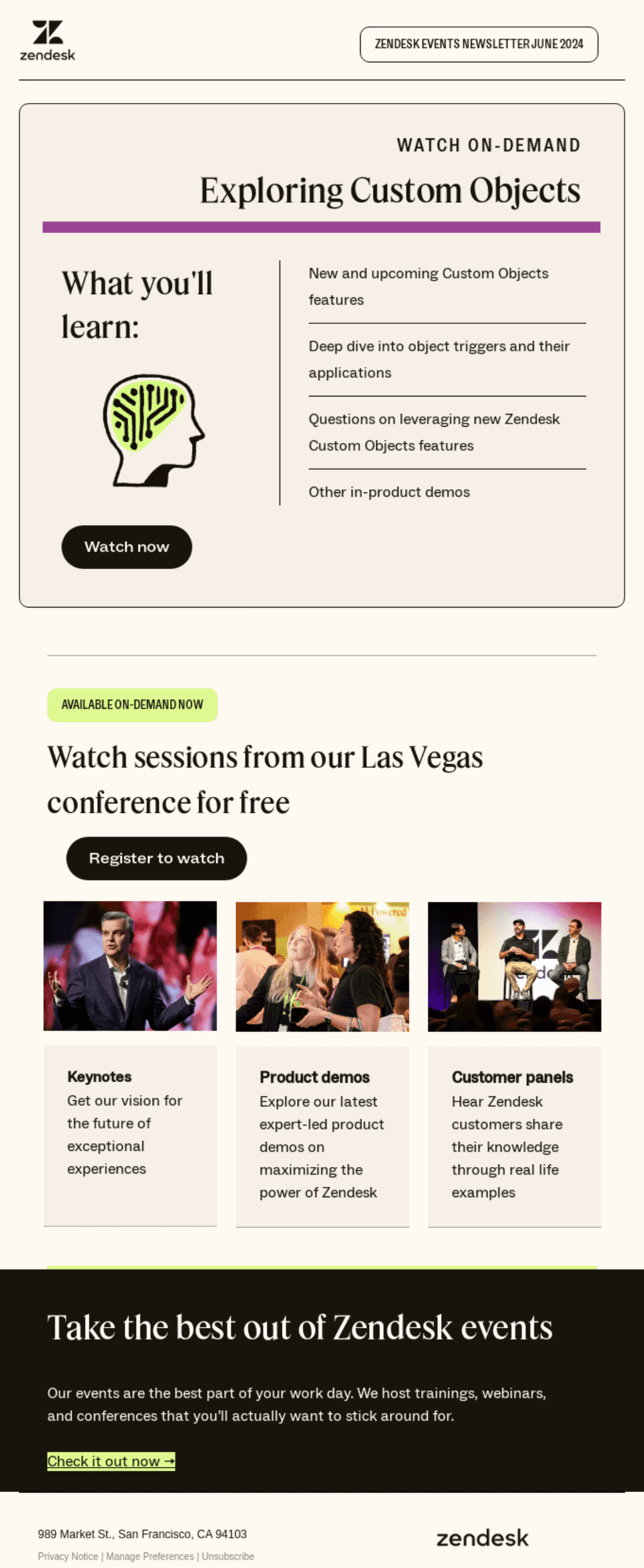 : "Zendesk email promoting on-demand webinars, including features on Custom Objects and highlights from their Las Vegas conference with keynote speeches, product demos, and customer panels."