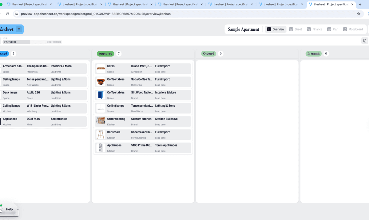 Project overview status cards in thesheet