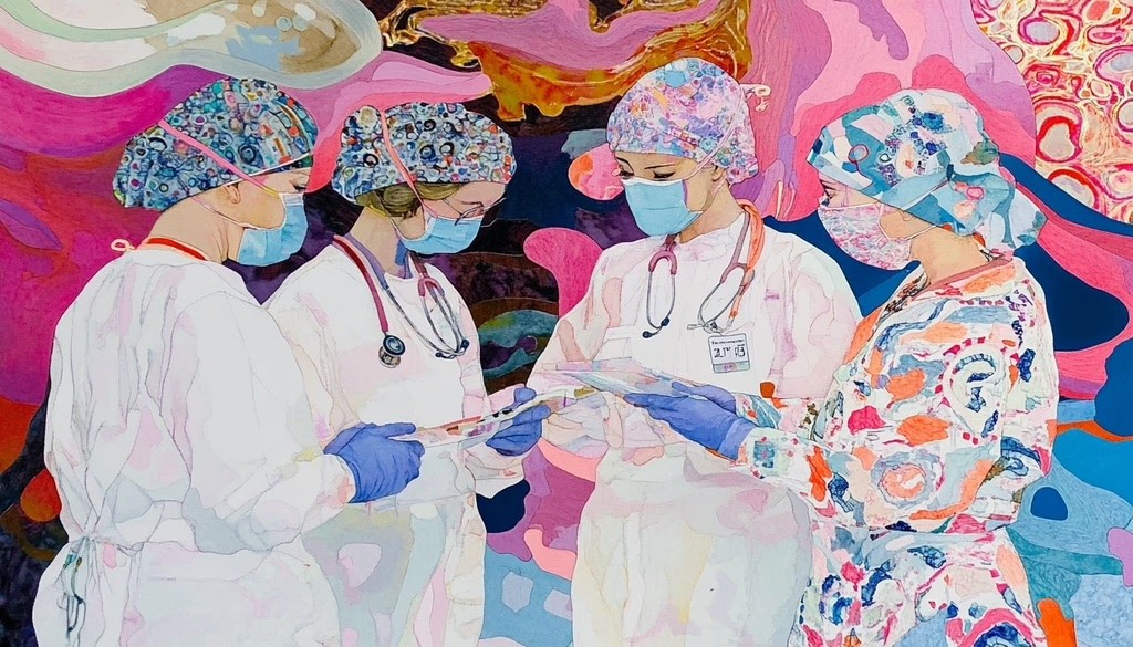 A group of surgical staff looking at a patient chart.