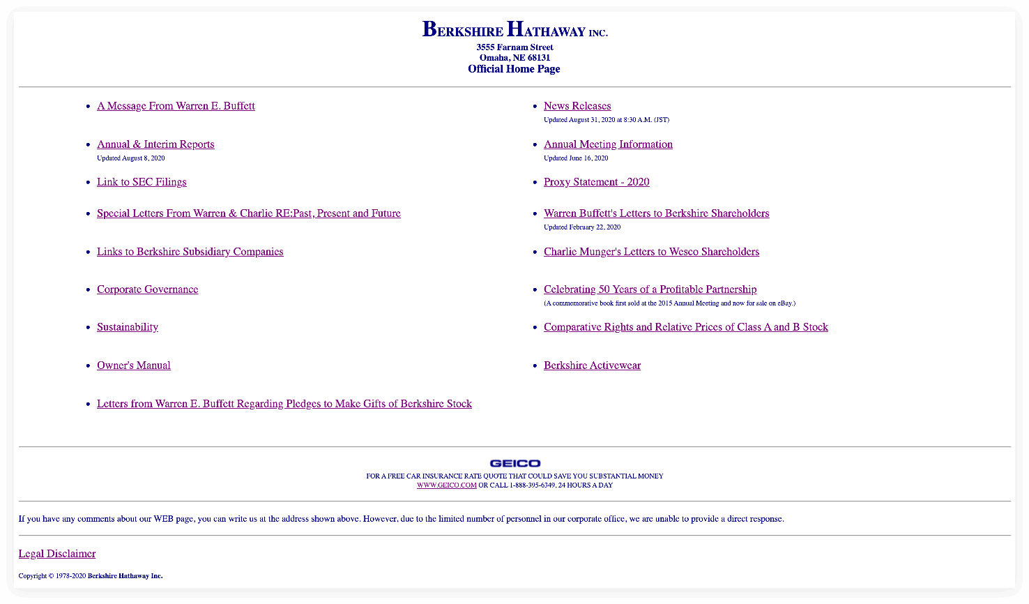 Berkshire Hathaway website before Jeff Shibasaki’s redesign