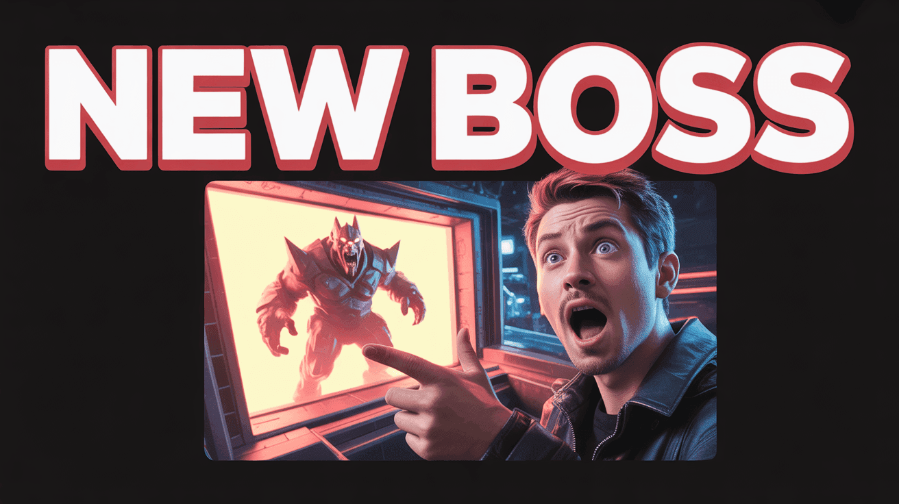 Excited gamer pointing at massive glowing boss emerging from portal with NEW BOSS headline