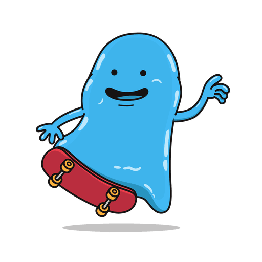 illustration of a dollar shaped character on a skateboard