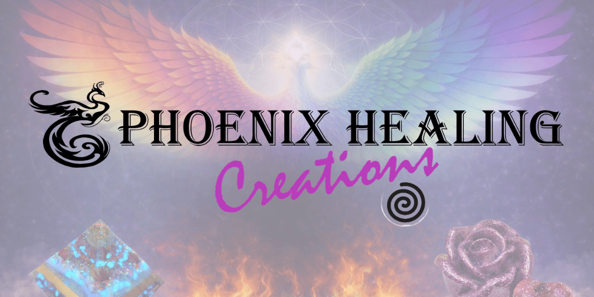 Phoenix Healing Creations logo featuring a colorful phoenix with healing tools and a vibrant background.