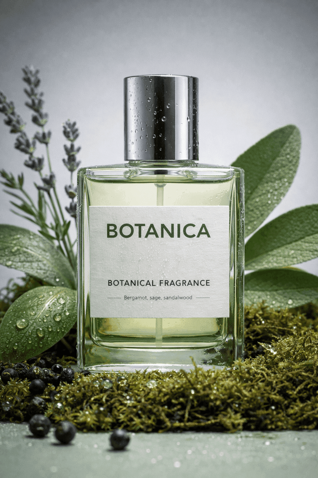 Close-up of Botanica perfume bottle surrounded by fresh greenery, water droplets and natural elements