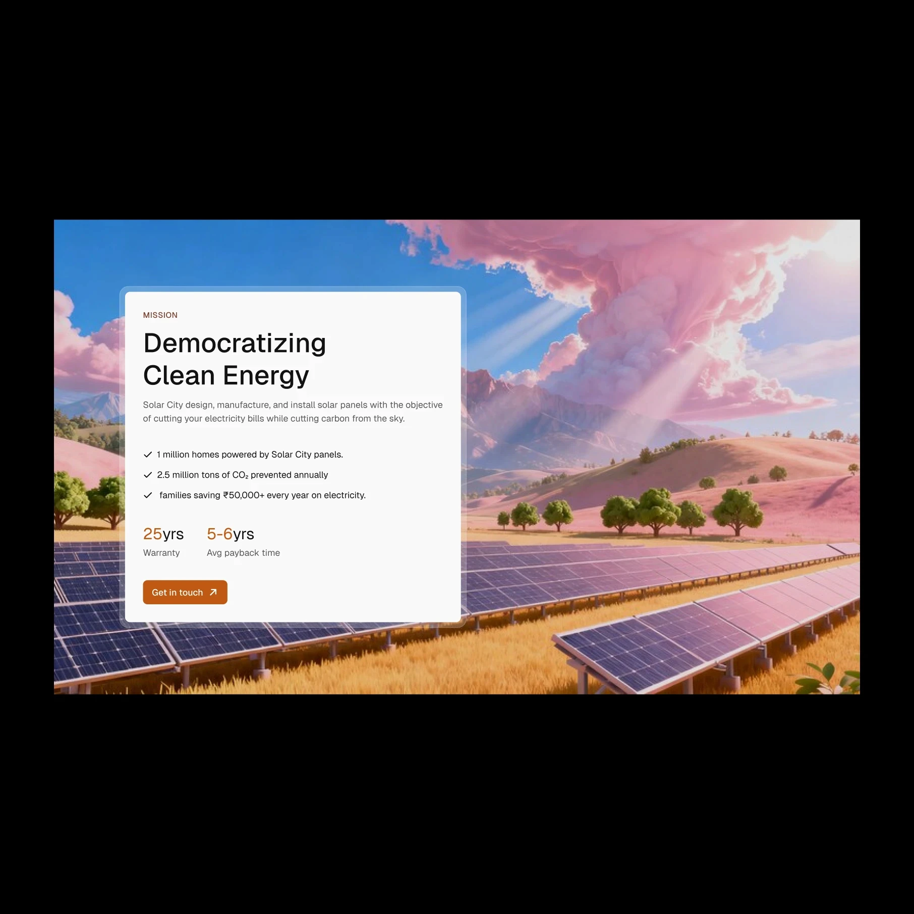 Solar farm with text: Democratizing Clean Energy