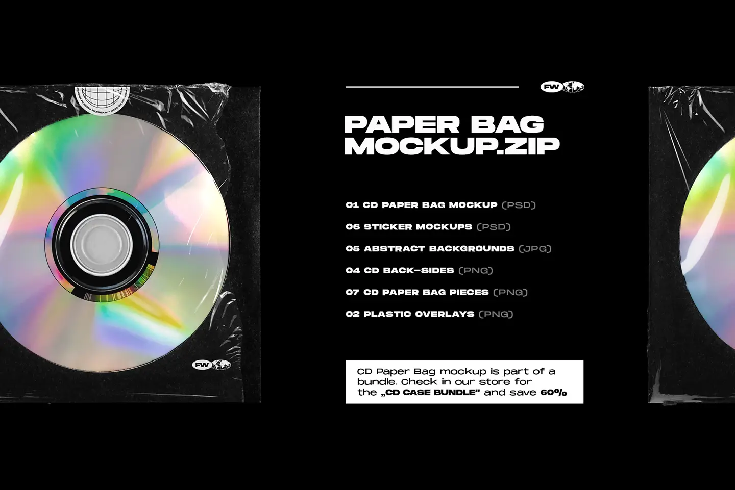 CD paper bag mockup package contents including PSD templates backgrounds and overlays