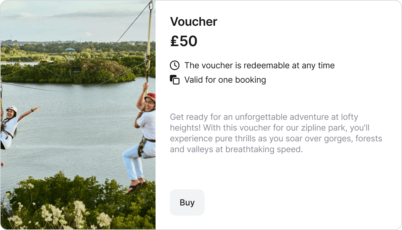 Voucher for a zipline activity which is bookable through the leisure activity booking system from anny