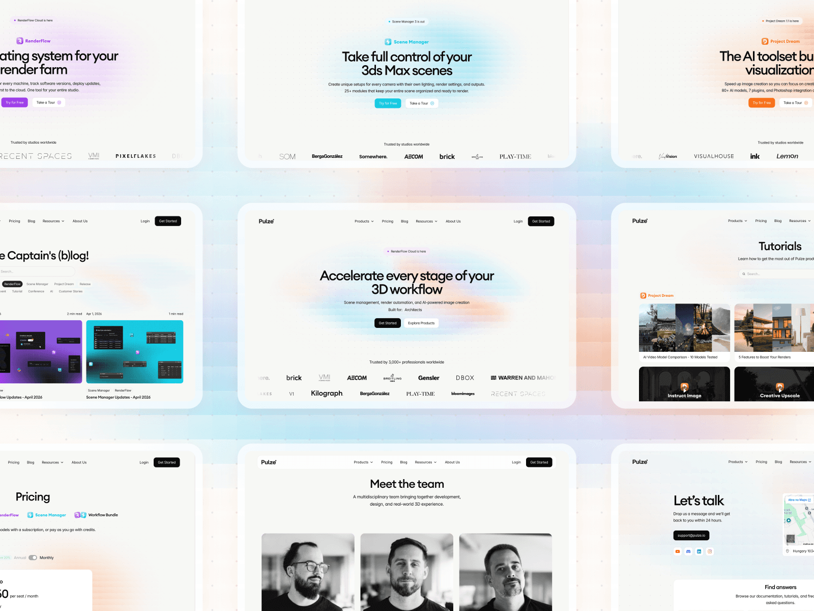 Website hero in desktop format with a nav bar, title, description and background video. It stays on top of a white background with blue waves
