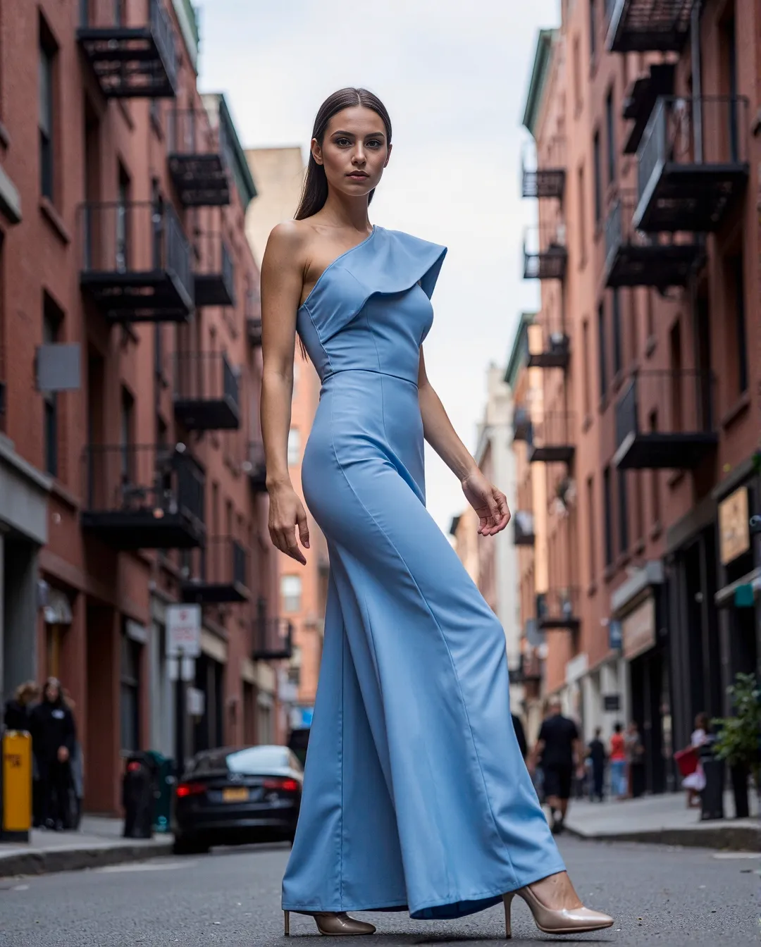 Elegant powder blue one-shoulder gown featured against historic brick buildings in a narrow city street, showcasing urban fashion photography