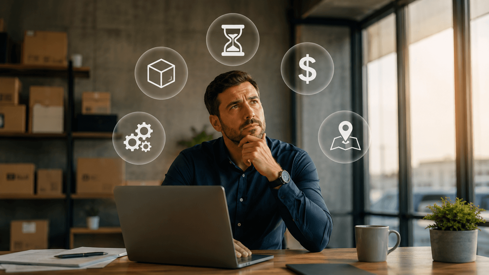 Homem de negócios em um escritório moderno observando um notebook com expressão pensativa, enquanto elementos digitais flutuantes representam dúvidas sobre tempo, custo, operação, estrutura e início de um e-commerce B2B. Ambiente corporativo realista em 3D, com iluminação natural, mesas, caixas e detalhes que remetem a distribuidoras e operações comerciais. Sem textos na imagem.