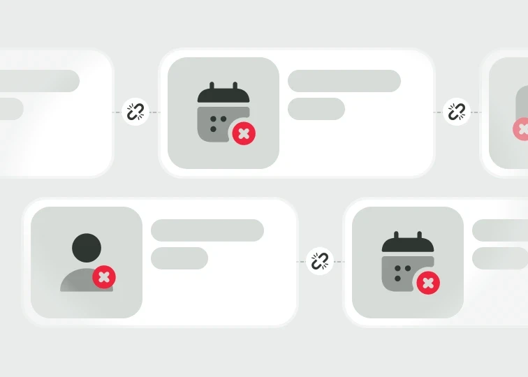 Illustration showing disconnected user profiles and calendar icons with red error marks, representing how using separate tools and spreadsheets causes workflow delays and data errors.