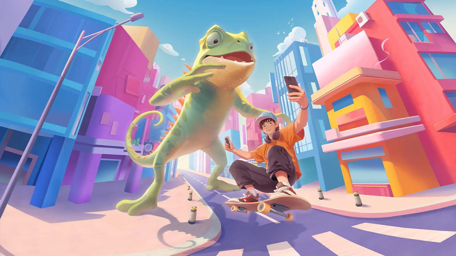 Selfie Boy with a giant chameleon in a vivid city street