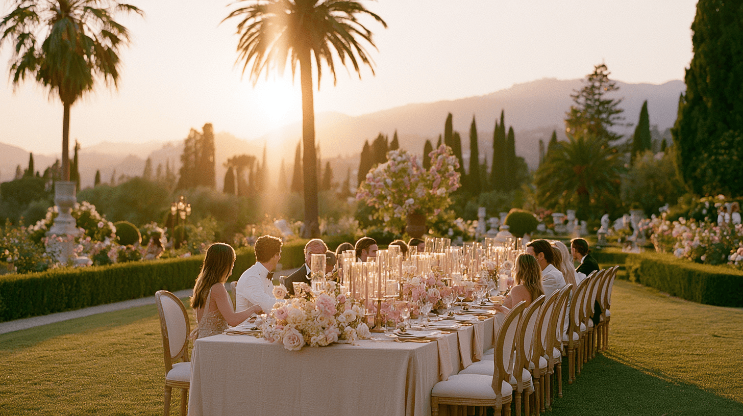 Poolside dinner setting surrounded by warm-toned floral arrangements in Saint-Tropez