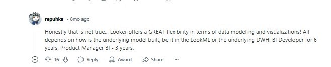 Reddit user review discussing Looker’s flexibility in data modeling and visualizations