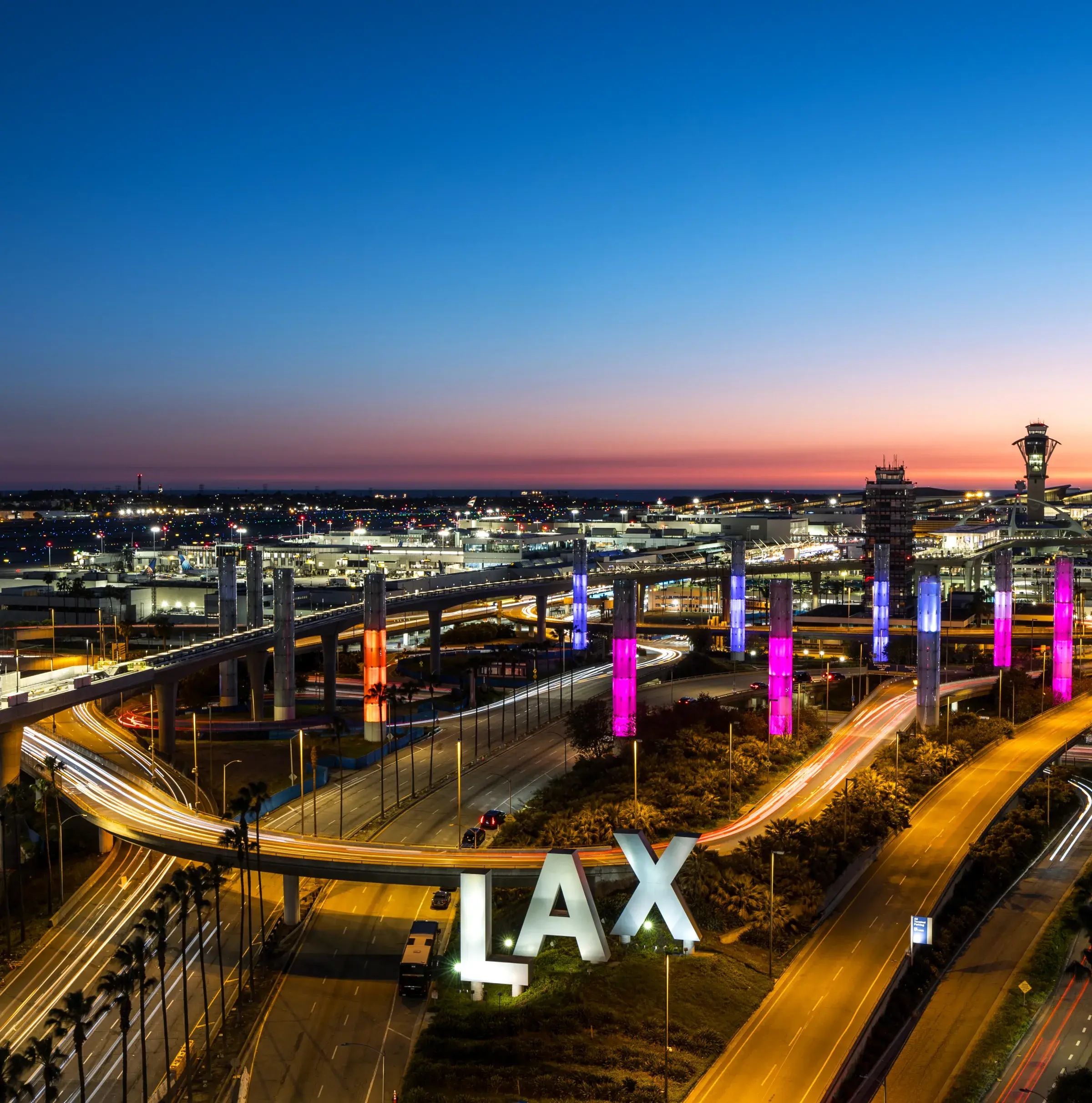Aerial view of Los Angeles International Airport, located just 8 minutes from Cocoon 121 in Gardena, South Bay LA