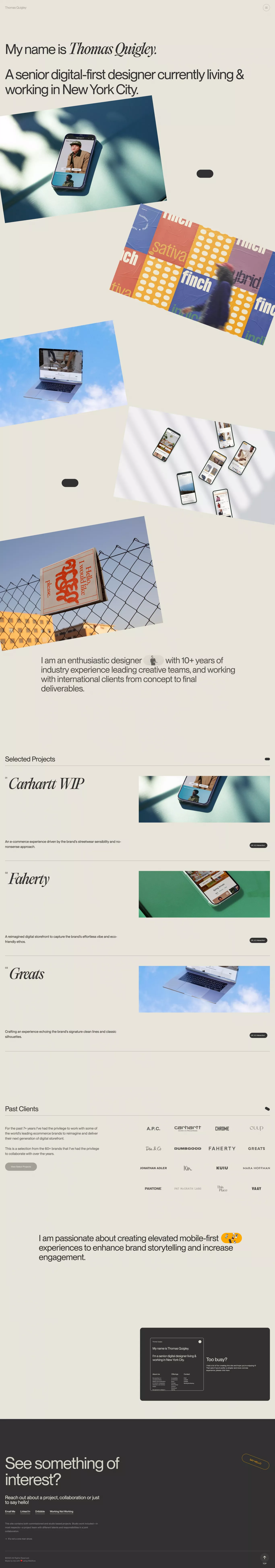 Thomas Quigley's Portfolio ©2023 portfolio page screenshot showcasing Design and Tech design