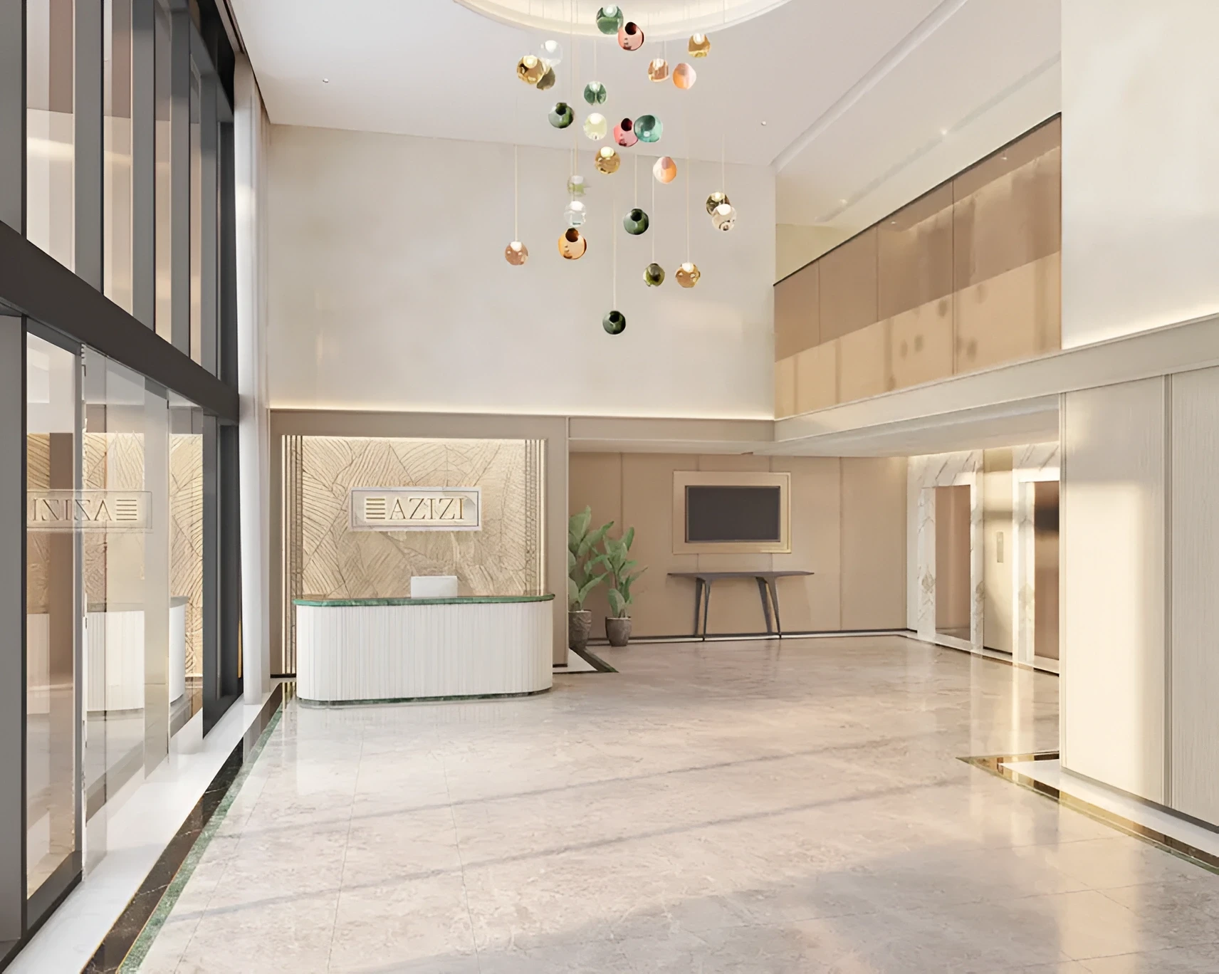 Spacious lobby at Azizi Central, Dubai, showcasing a stunning large chandelier that enhances the modern decor.