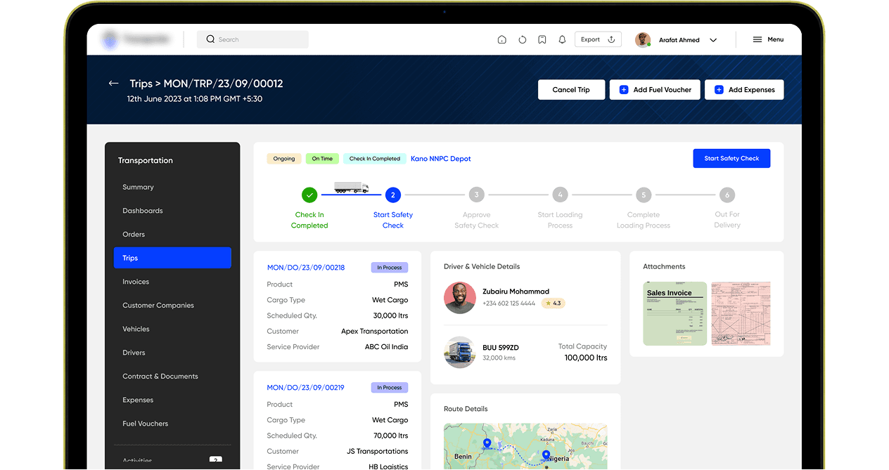 Transport Management Portal, trip detail
