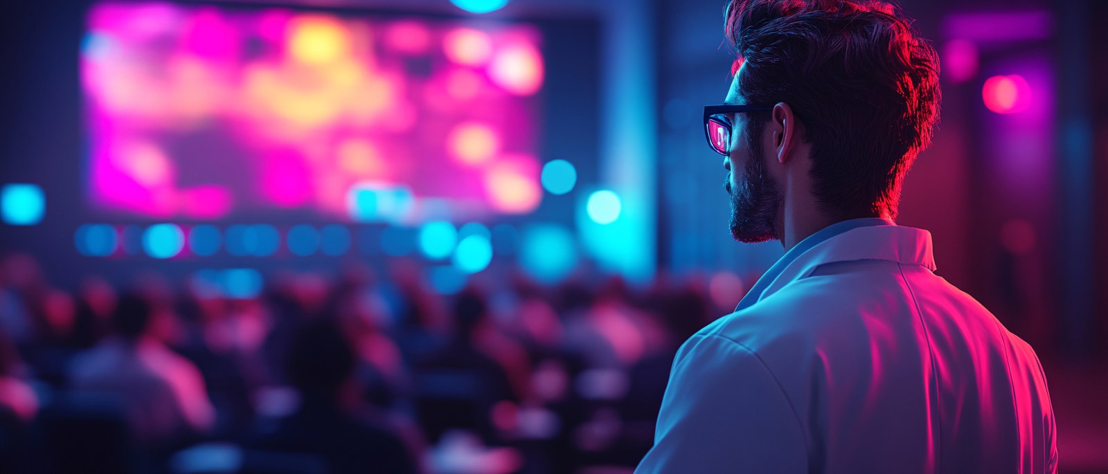 Attendee watching a presentation under neon stage lights