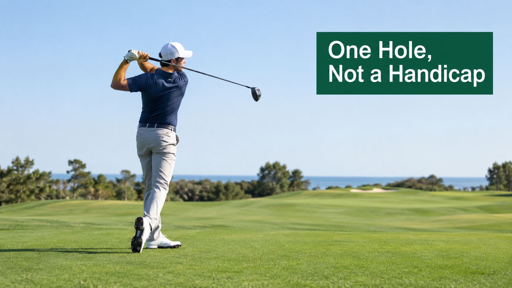 A golfer in a blue shirt and white hat completes a powerful swing on a sunny golf course.