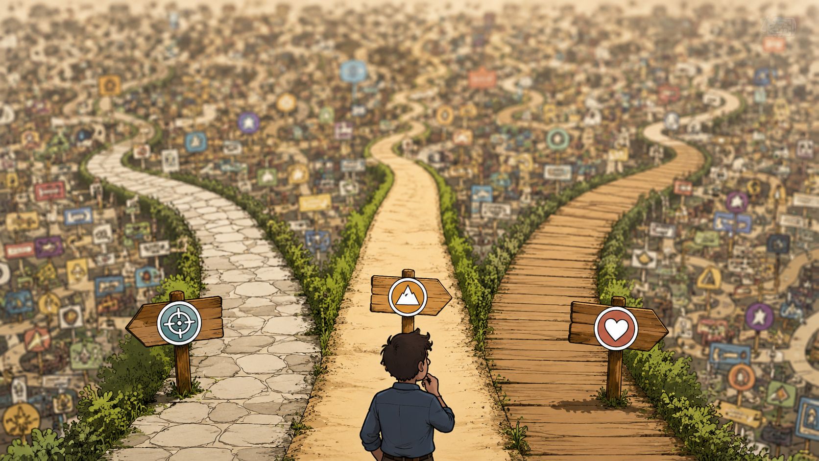 A young person stands at a crossroads choosing between three paths marked with symbols for business, adventure, and love.