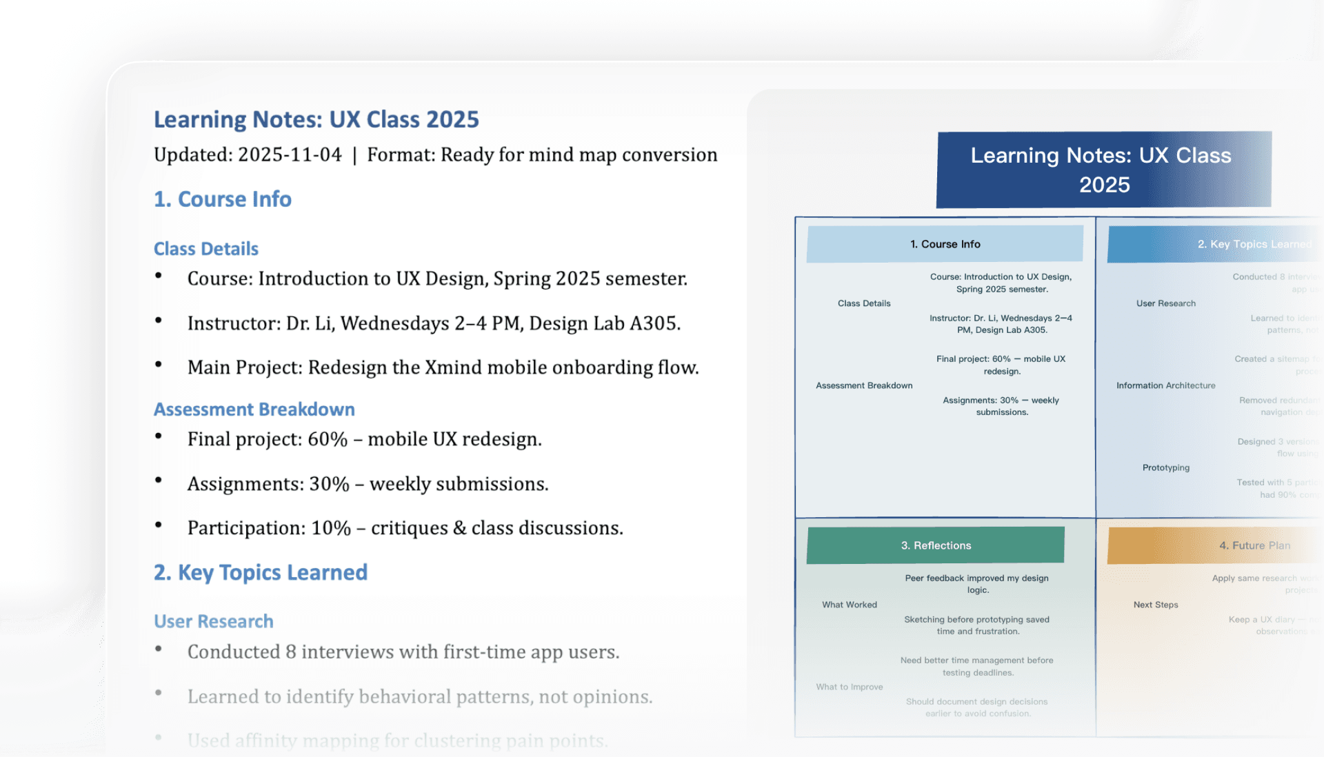 Comparison showing Word document content converted into a structured mind map with clear sections and hierarchy