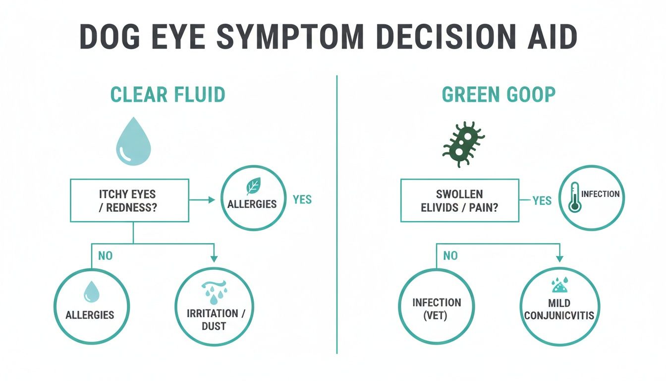 Decision aid flowchart for dog eye symptoms: clear fluid or green goop, leading to diagnoses.