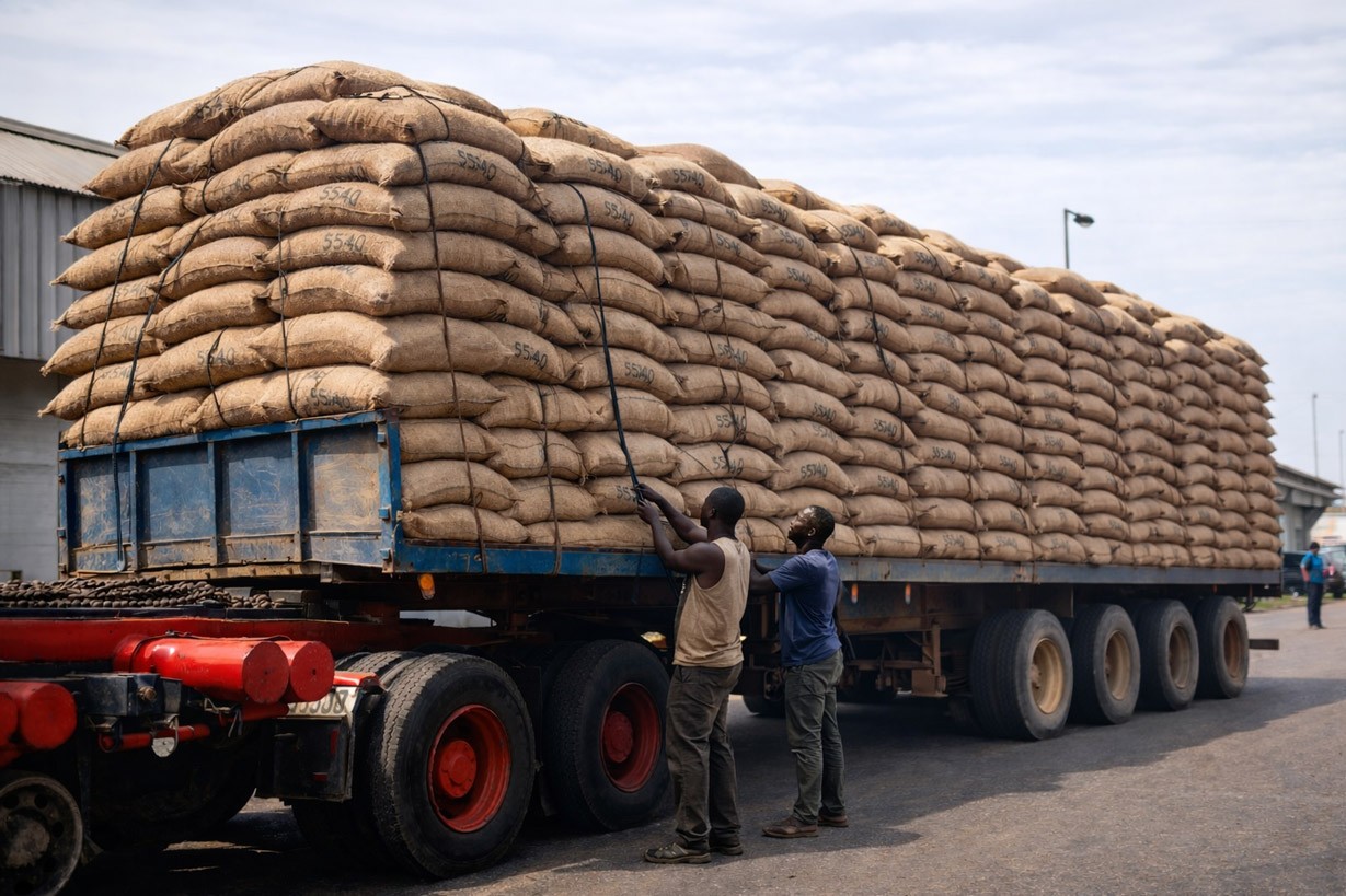Un camion chargé de sacs de fèves de cacao