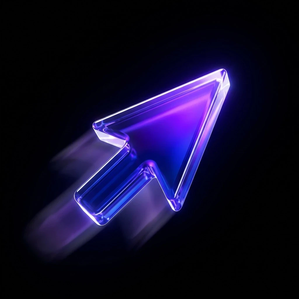Violet glass cursor arrow with a motion trail