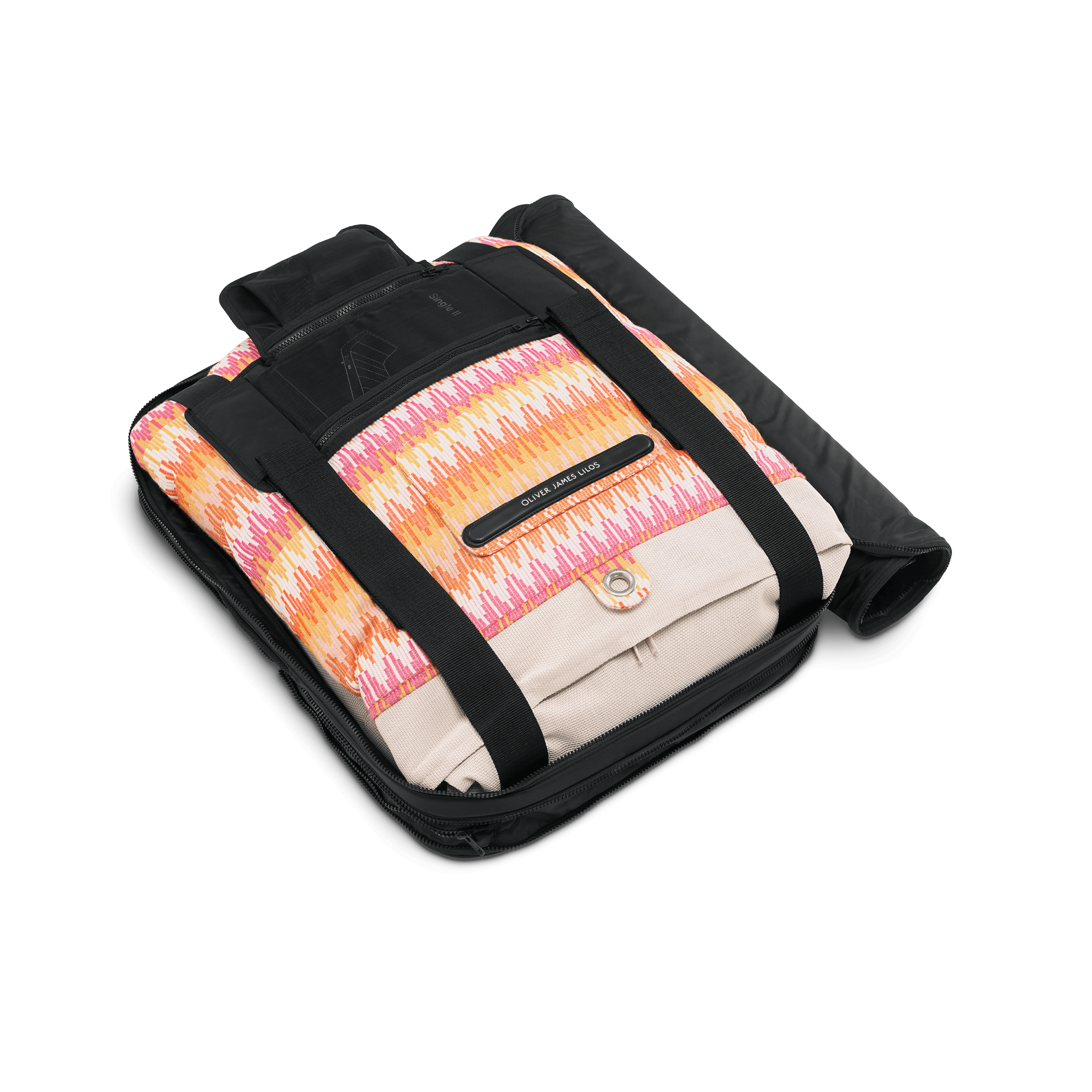 Sunset chevron lilo folded in its structured black travel case with branded label and securing straps