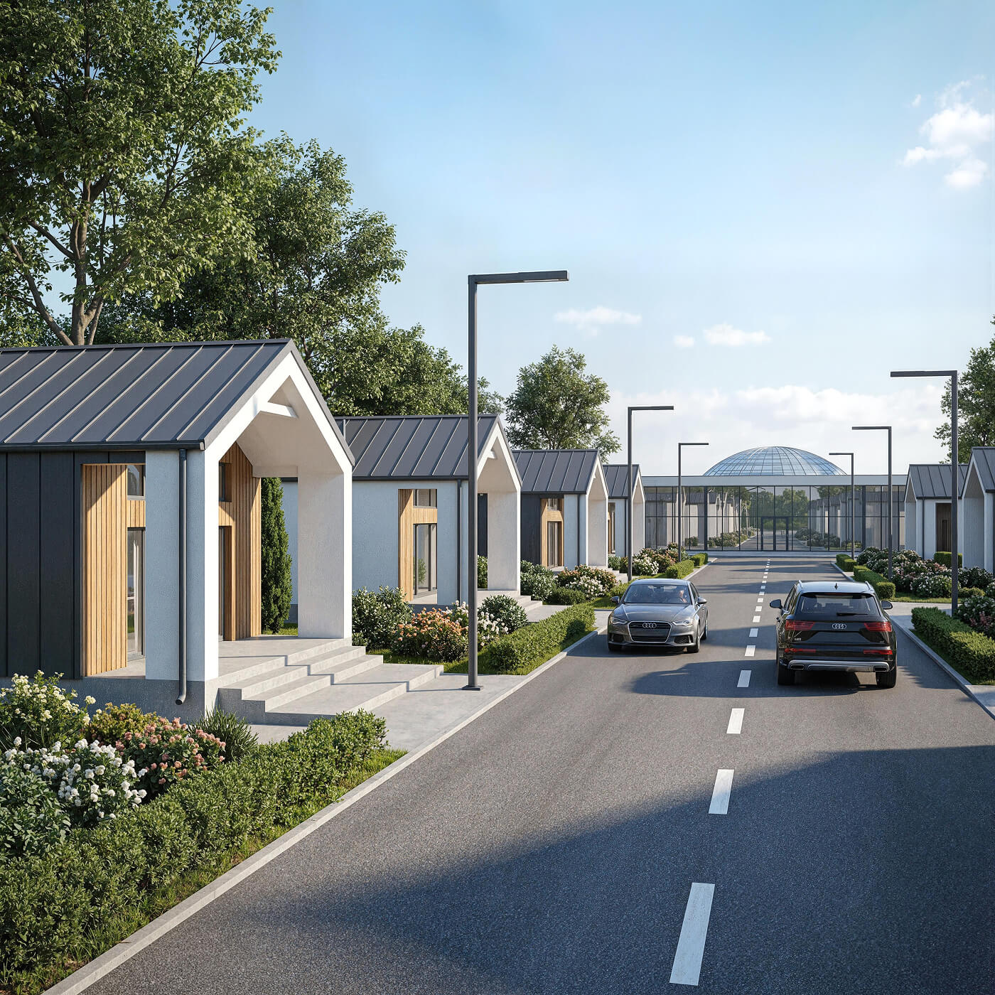 Widok z ulicy na domki letniskowe, obok przejeżdza samochód