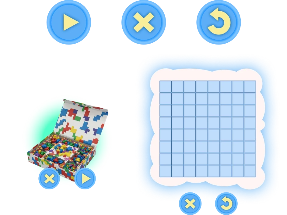 Tre knappar med symbolera en playknapp, ett kryss och en curkulär pil.