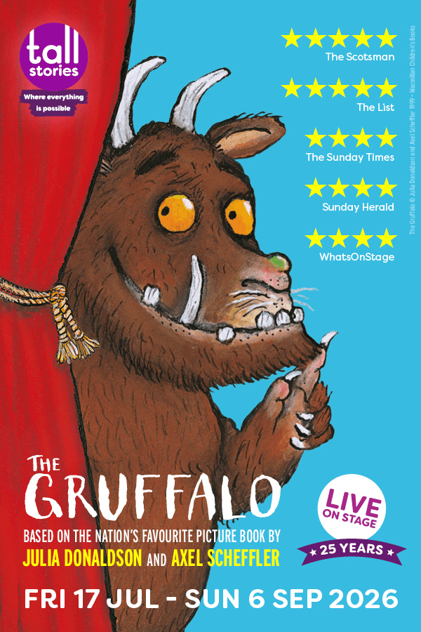 Gruffalo character peeking from red curtain, promoting West End show.