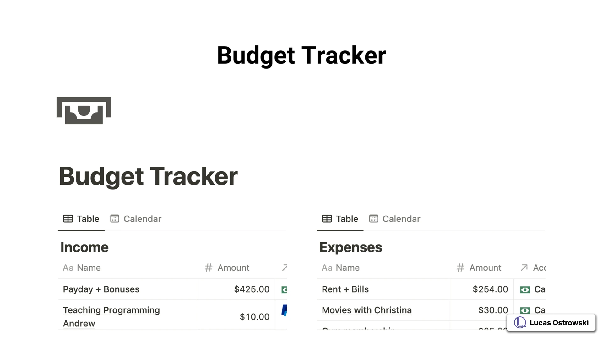 Simple Budget Tracker Notion template showing dual-panel layout with Income and Expenses tables. Features transaction entries with amounts, demonstrating basic financial tracking functionality with clear categorization options