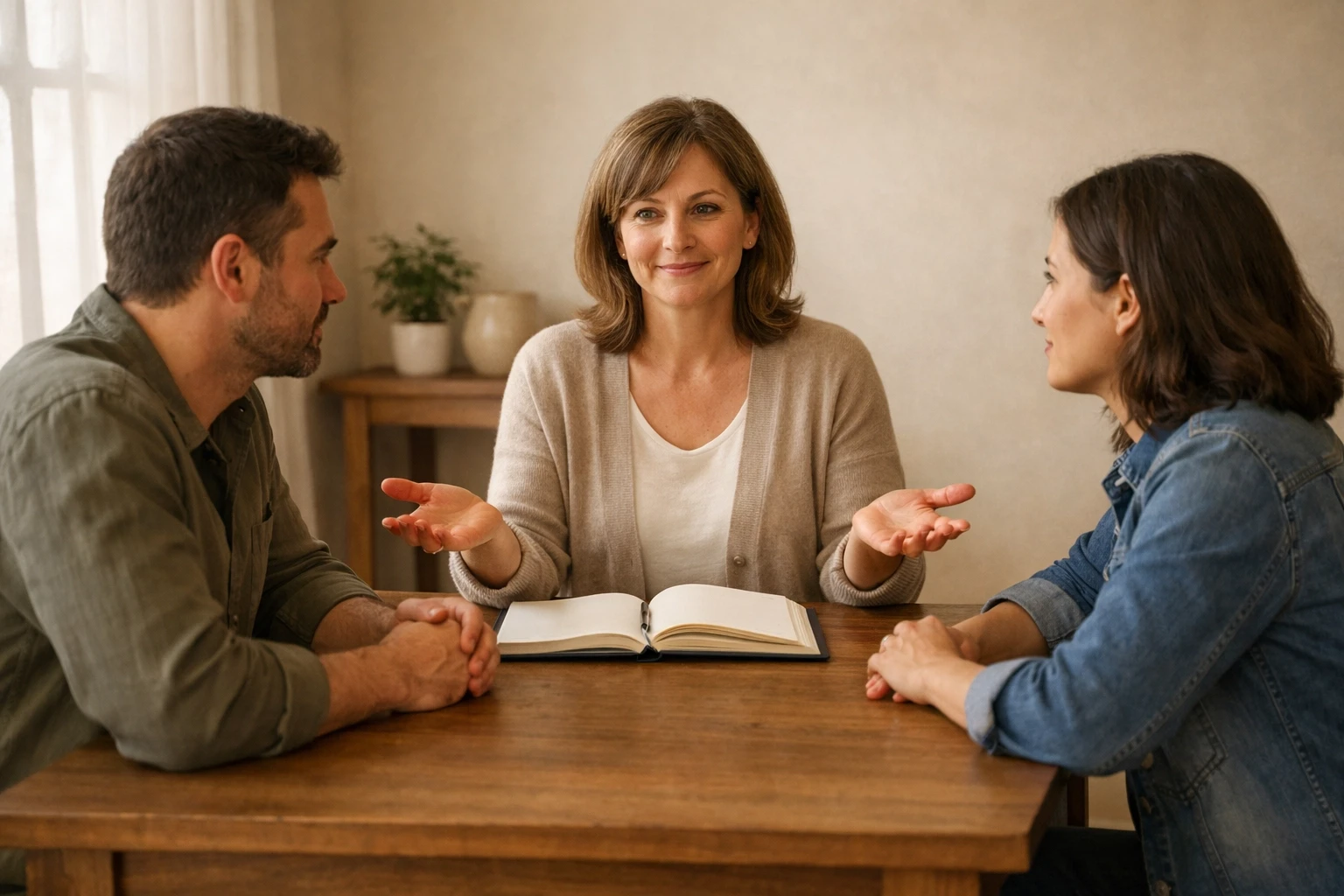 Couple meeting with divorce mediator for peaceful mediation session