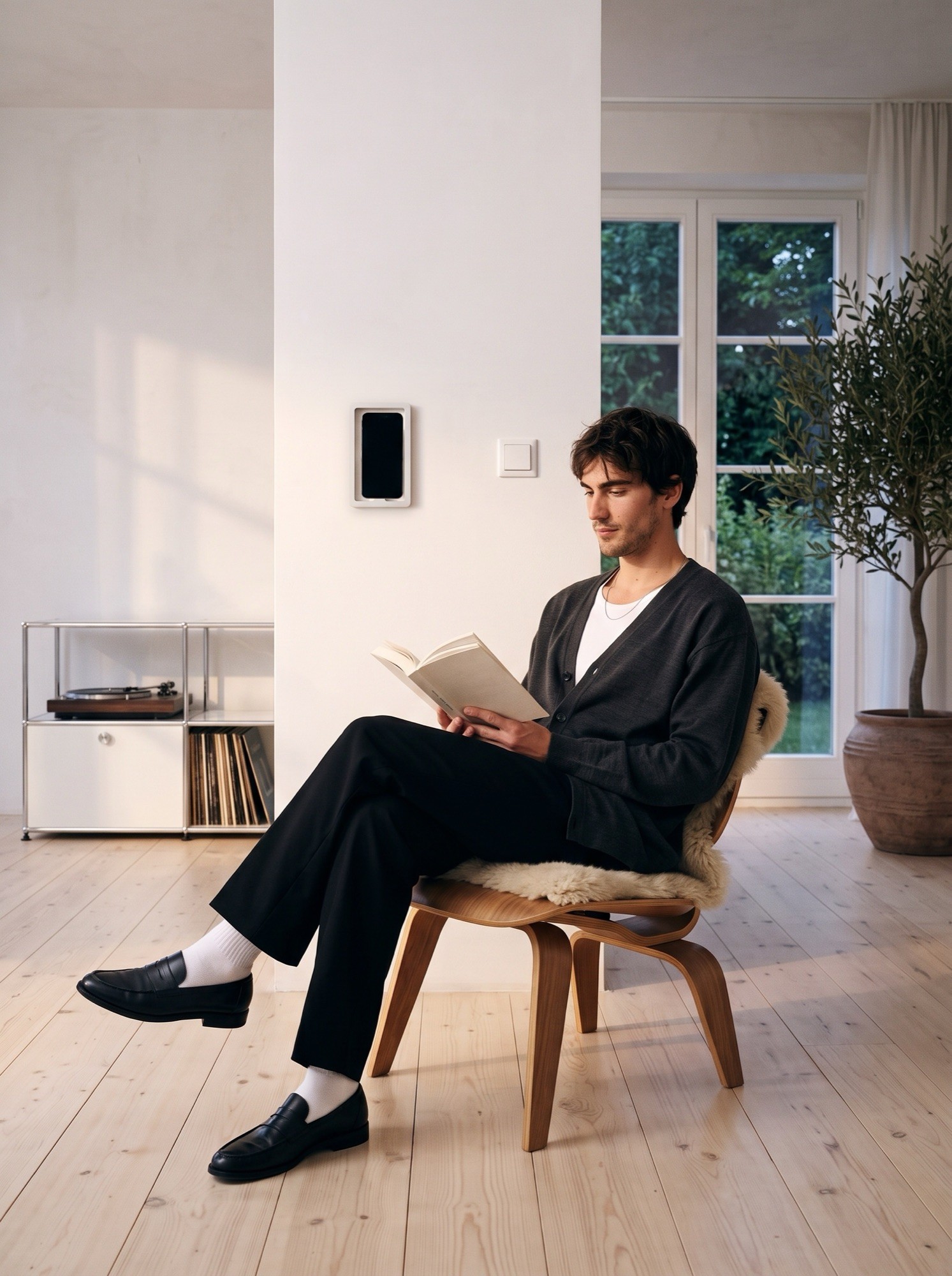 Mann liest, das Handy bleibt am ANKOR Two an der Wand