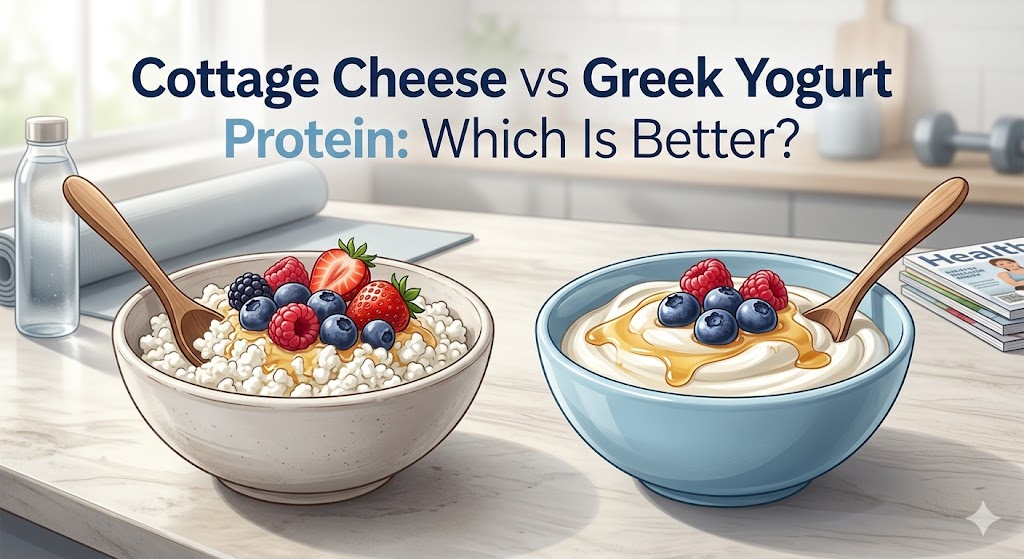 A cartoon-style comparison between a bowl of cottage cheese with strawberries and blueberries (left) and a bowl of Greek yogurt with honey and blueberries (right), featuring a title that asks "Cottage Cheese vs Greek Yogurt Protein: Which Is Better?" The scene includes fitness items in a sunlit kitchen.