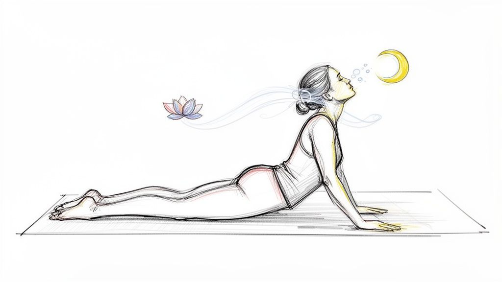 A woman in a yoga cobra pose on a mat, exhaling towards a crescent moon and lotus.
