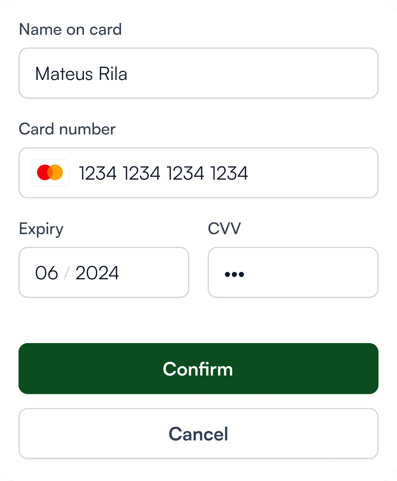 An credit card modal interface