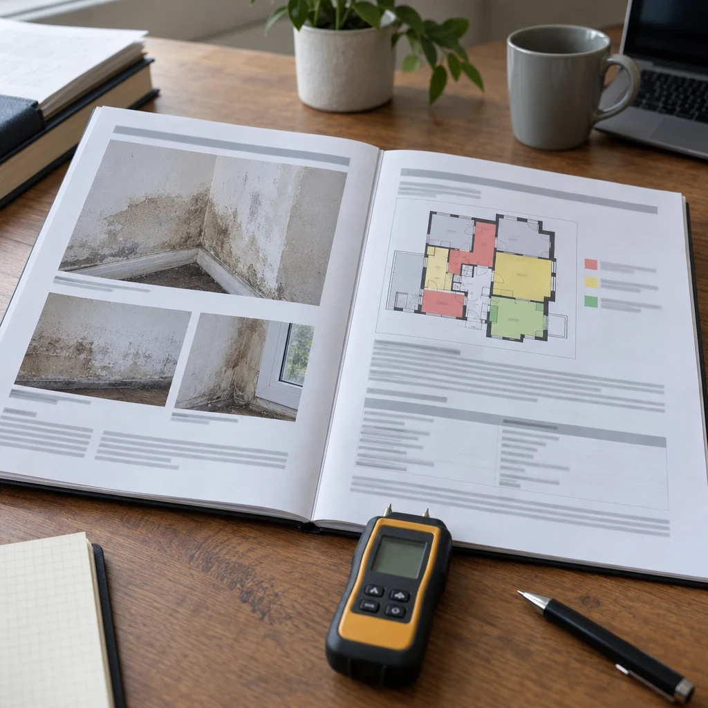 Rapport d’expertise humidité illustré de photographies et d’un plan coloré, avec un humidimètre