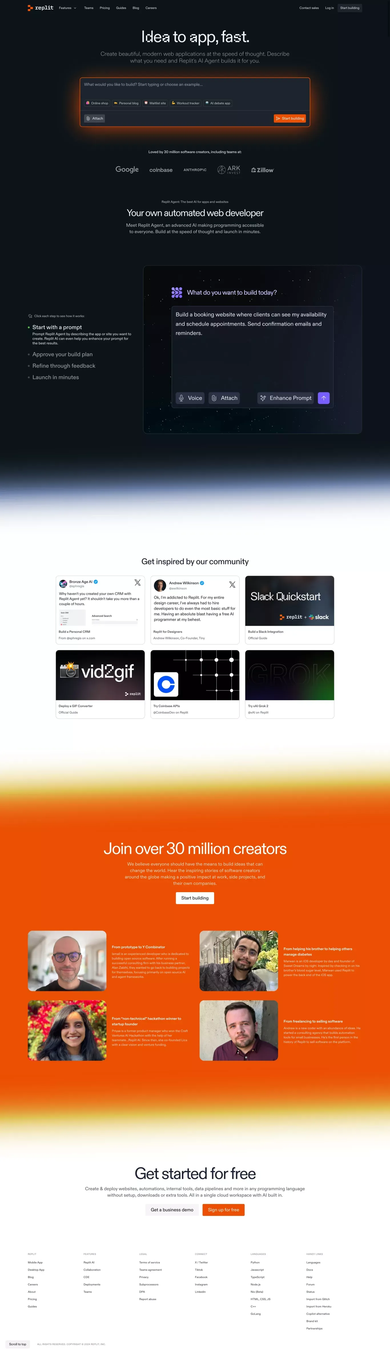 Replit –&nbsp;Build apps and sites with AI landing page screenshot showcasing AI and Tech design